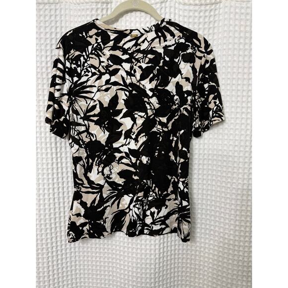 St. John Black White Tan Floral Short Sleeve Top Sz Med - Picture 6 of 7